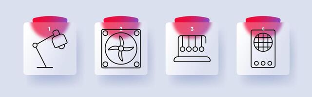 Technology set icon. Desk lamp, cooling fan, Newton's cradle, radio, engineering, airflow, science, mechanics, motion, communication. vector