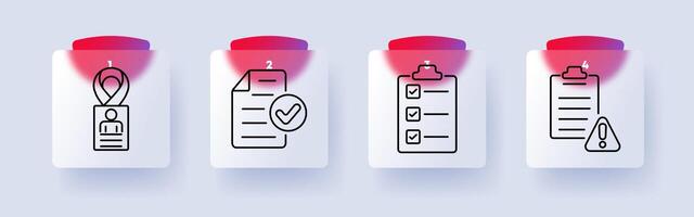 Checklist set icon. ID card with ribbon, approved document, completed checklist, clipboard with warning, verification, security, identity, paperwork, official records vector