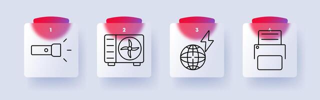 Utilities set icon. Flashlight, air conditioner, global electricity, printer, lighting, cooling, energy, climate control, technology, communication. vector