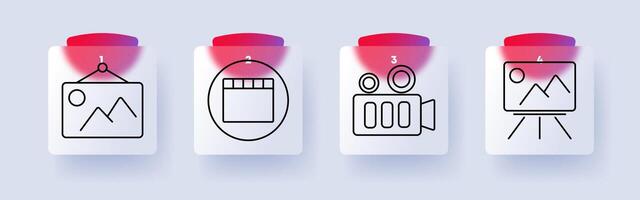 Visual media set icon. Hanging picture, clapperboard inside a circle, camera, image projection, photography, filmmaking, display, recording, multimedia vector