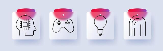 Digital set icon. AI brain, game controller, lightbulb, fingerprint, artificial intelligence, gaming, creativity, security, identity, biometrics vector