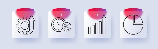 Business growth set icon. Gear, progress, clock, percentage, bar chart, pie chart, analytics, economy, finance, productivity, statistics, planning, improvement, efficiency, performance. vector