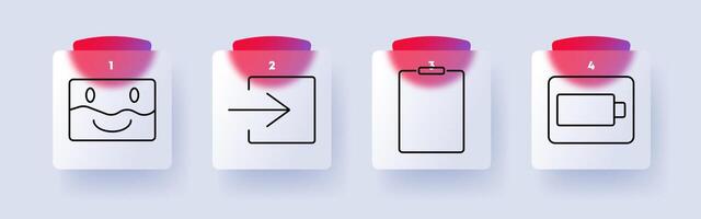 Interface set icon. Smiley face, arrow pointing right, clipboard, battery, user interaction, navigation, digital tools, energy, UI, online system. vector