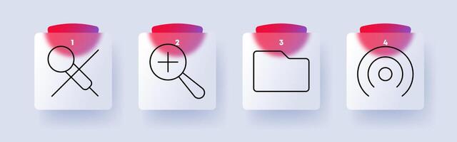 Search set icon. Disabled search, magnifying glass with plus, folder, radar, discovery, navigation, online browsing, tracking, technology, research. vector