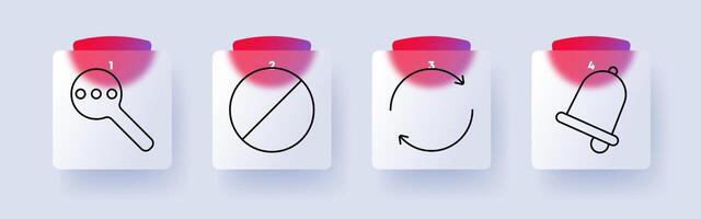 Alert set icon. Magnifier, prohibition, refresh, notification bell, warning, attention, restriction, update, communication, reminder, caution, restriction sign, renewal, alert system. vector