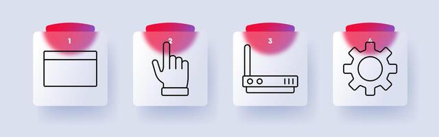 Technology set icon. Browser window, hand click, router, gear, internet, networking, web, digital, connection, interface, control, automation, online, development, system, access. vector