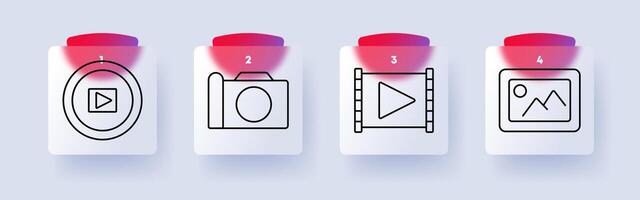 Media set icon. Play button, camera, film strip, image, multimedia, content creation, , photography, digital media, entertainment, production, visuals, technology, creativity, online. vector