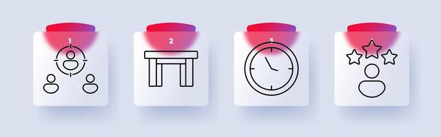 Management and performance set icon. Teamwork, leadership, conference table, time management, performance rating, business strategy, meeting vector