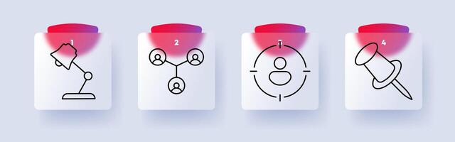 Networking set icon. Desk lamp, social connection, target audience, push pin, communication, teamwork, focus, collaboration, office, organization, leadership, planning, online community, networking vector