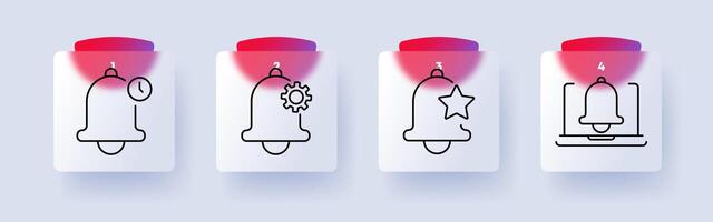 Notification set icon. Bell with clock, settings gear, star, laptop alert, reminder, customization, favorite, online system, notifications, alerts. vector