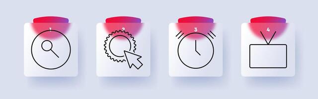 Technology set icon. Search clock, settings cursor, ringing clock, television, interface, digital tools, automation, time management, broadcast, programming. vector
