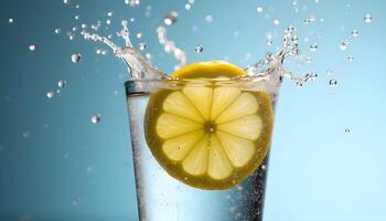 A lemon slice is being splashed into a glass of water photo