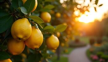 Lemon tree with ripe lemons at sunset photo