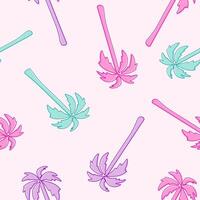 Seamless pastel palm tree pattern with pink, purple, and turquoise elements on a light background, creating a tropical and trendy aesthetic vector
