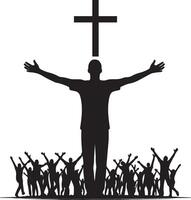 A silhouette of a man with arms raised in front of a cross vector