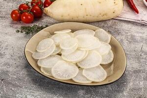 A bowl of sliced white potatoes on a table photo