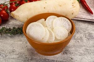 A bowl of sliced potatoes and vegetables on a table photo