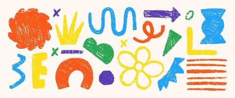 Hand drawn pencil doodles, squiggles, crown, corner and grid. Abstract funky shapes and arrow with crayon or chalk texture. Multicolor Childish illustration. vector