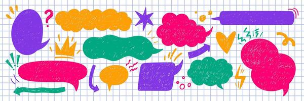 Set of text boxes, speech bubbles, arrow and cloud with crayon or chalk texture. Retro illustration on the notebook pages. vector