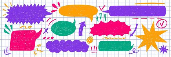 Set of text boxes, speech bubbles, arrow and curve line with crayon or chalk texture. Retro illustration on the notebook pages. vector