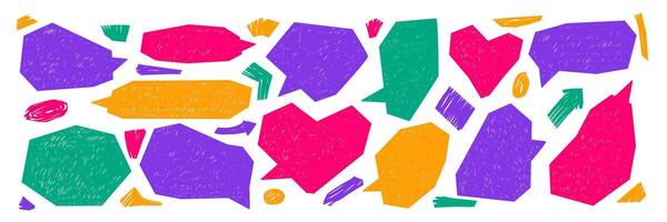 Set of speech bubbles, arrow and heart with crayon or chalk texture. Retro illustration on white background. vector