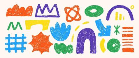 Hand drawn crayon doodles, squiggles, crown, arrow and grid. Abstract funky shapes and arrow with chalk texture. Multicolor Childish illustration. vector
