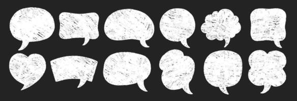 Set of hand drawn grunge crayon, charcoal, chalk speech bubbles in doodle style. Text boxes on a black background. vector