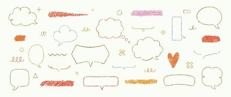 Set of hand drawn grunge crayon, charcoal, chalk speech bubbles, zigzag, heart and strikethrough. Multicolor Outline text boxes with emphasis. Japan handwritten illustration. vector