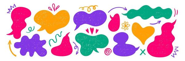 Set of text boxes, speech bubbles, arrow and swirl with crayon or chalk texture. Retro illustration on the white background. vector