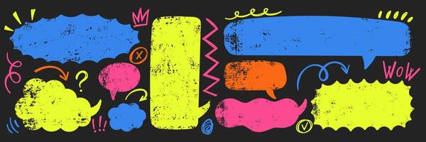 Set of text boxes, speech bubbles, arrow, crown and zigzag line with crayon or chalk texture. Grunge illustration the blackboard. vector