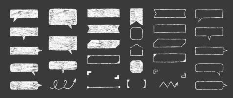 Set of text boxes and speech bubbles with crayon or chalk texture. Outline frames and arrows. Japan handwritten illustration on a black background. vector