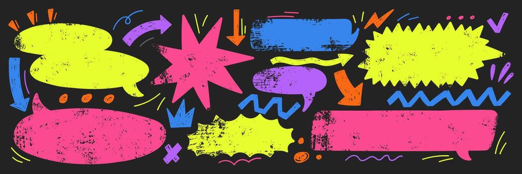 Set of text boxes, speech bubbles, arrow and star with crayon or chalk texture. Grunge illustration on the blackboard. vector