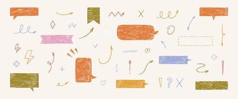 Set of text boxes, lightning, exclamation, cross and speech bubbles with crayon or chalk texture. Outline frames and arrows. Multicolor Japan handwritten illustration. vector