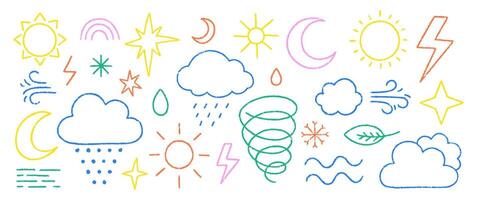 Collection of weather symbols with crayon, chalk and pastel texture. Colorful illustration of rain, storm, sun, star, lightning on a white background. vector