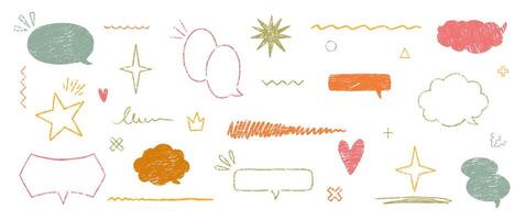 Set of hand drawn grunge crayon, charcoal, chalk speech bubbles and highlights. Outline multicolor text boxes with emphasis. Japan handwritten illustration. vector