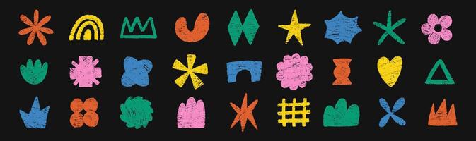 Set of abstract shapes of heart, flower, star, grid with crayon or chalk texture. Doodle design elements for school. Multicolor childish illustration on a black background. vector