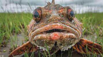 Close-up of a vibrant fish resting on a grassy shore under a cloudy sky, showcasing nature's beauty photo
