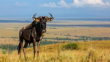Majestic wildebeest standing on a grassy hilltop overlooking a vast savannah landscape photo