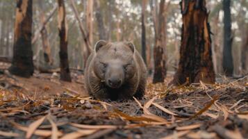 Close-up of a wombat foraging on the forest floor amidst burnt trees and fallen leaves photo