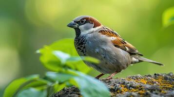 A close-up of a sparrow perched on a mossy rock amidst lush greenery in a tranquil setting photo