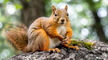 Close-up of a curious squirrel perched on a tree branch in a lush green forest setting photo