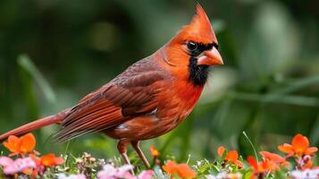 Vibrant red cardinal bird standing among colorful flowers in a lush garden setting photo