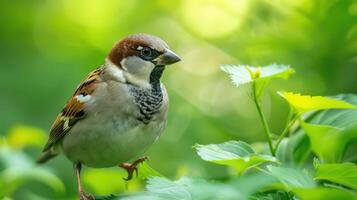 A sparrow perched on vibrant green foliage, surrounded by a lush natural backdrop photo