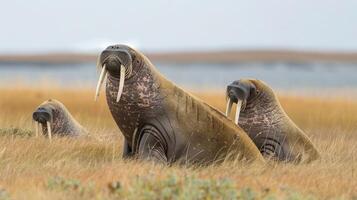 Three walruses resting on a grassy shore near the ocean, with a serene landscape in the background photo