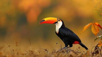 Vibrant toucan perched in a serene autumn landscape, surrounded by colorful foliage photo