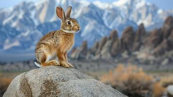 A rabbit perched on a rock with majestic mountains in the background during daylight photo