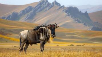 A lone wildebeest stands majestically in a vast, golden grassland with distant mountains photo