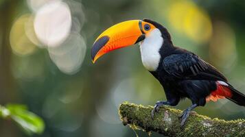 Vibrant toucan perched on a mossy branch amidst a lush green forest backdrop, showcasing nature photo