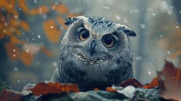 Close-up of a curious owl amidst falling snow and autumn leaves in a serene forest setting photo
