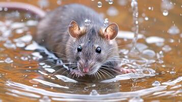 A close-up of a water-drenched rat splashing in a puddle, surrounded by droplets in a natural setting photo